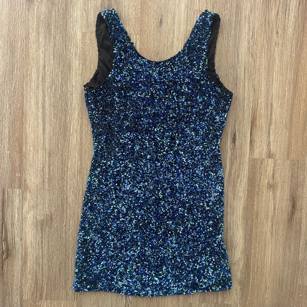 Blue studded/ full sequin low back mini dress